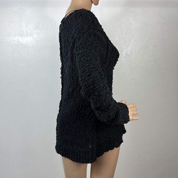 Free People Black V-neck Chunky Knit Popcorn Pullover Sweater Size XS - Picture 3 of 9